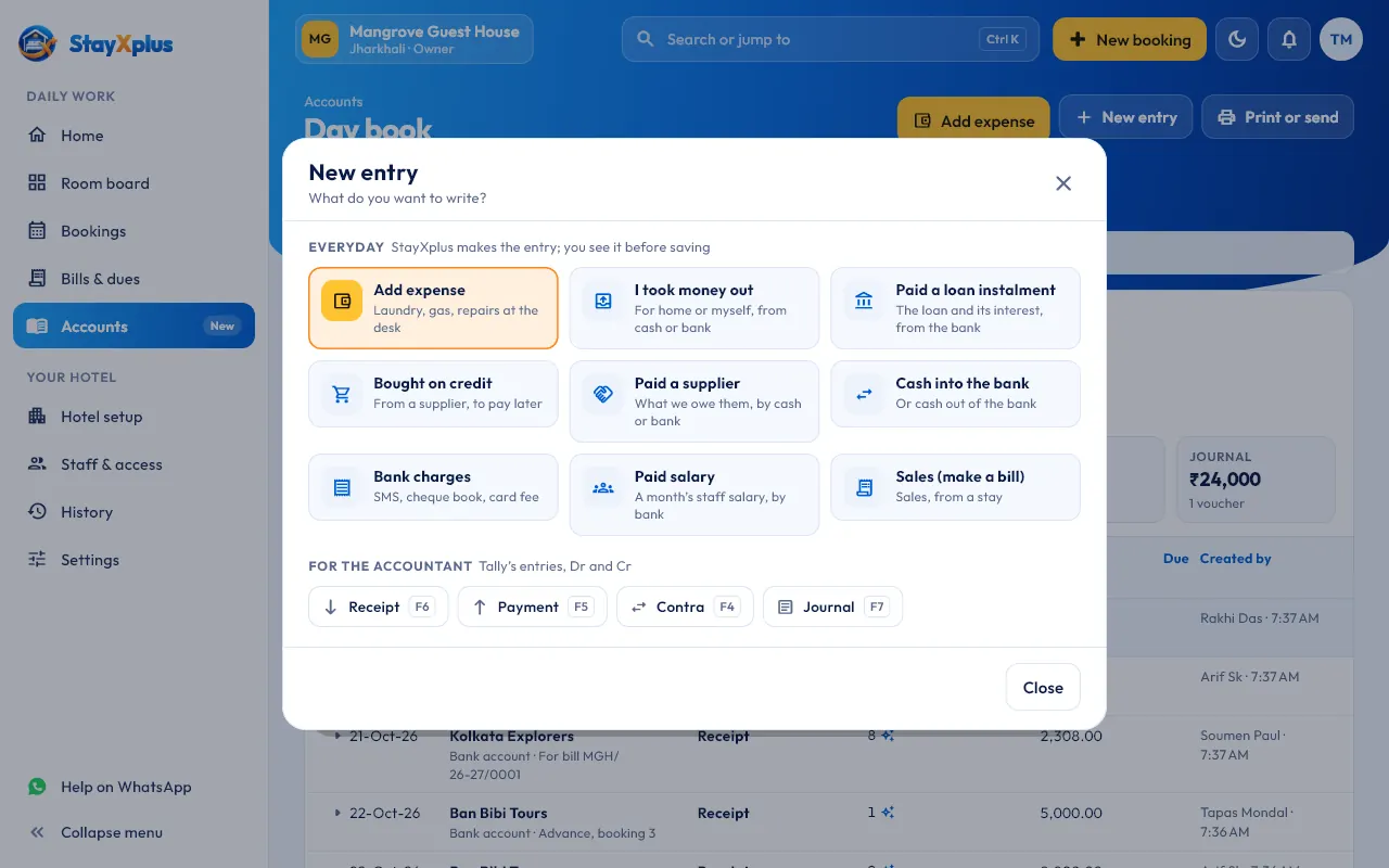 New entry: plain buttons for everyday entries, and Tally’s Receipt, Payment, Contra and Journal below