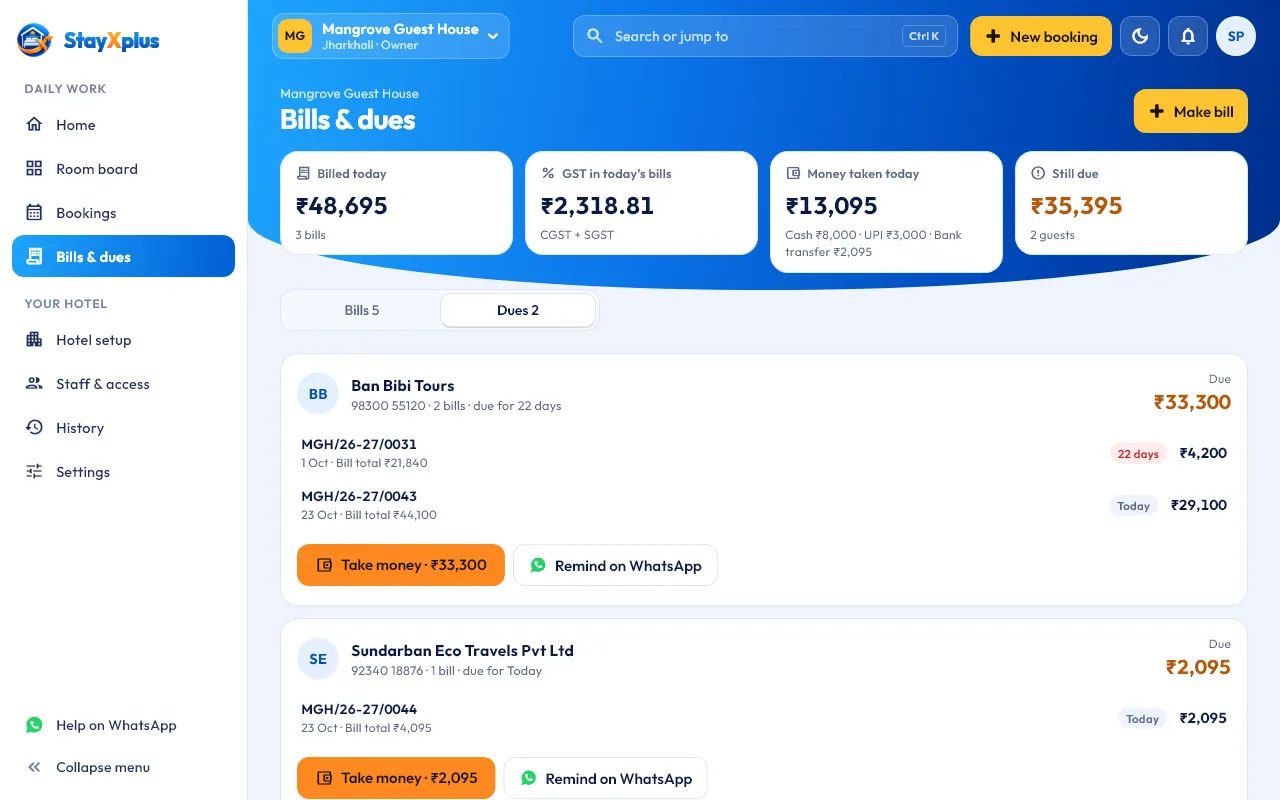 Bills and dues: a tour operator owes on two bills, with Take money and Remind on WhatsApp