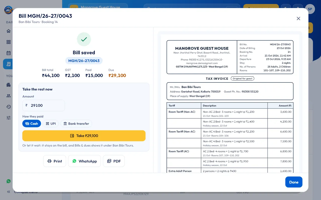 A saved StayXplus bill: TAX INVOICE MGH/26-27/0043 for Ban Bibi Tours, ₹44,100 with ₹2,100 GST