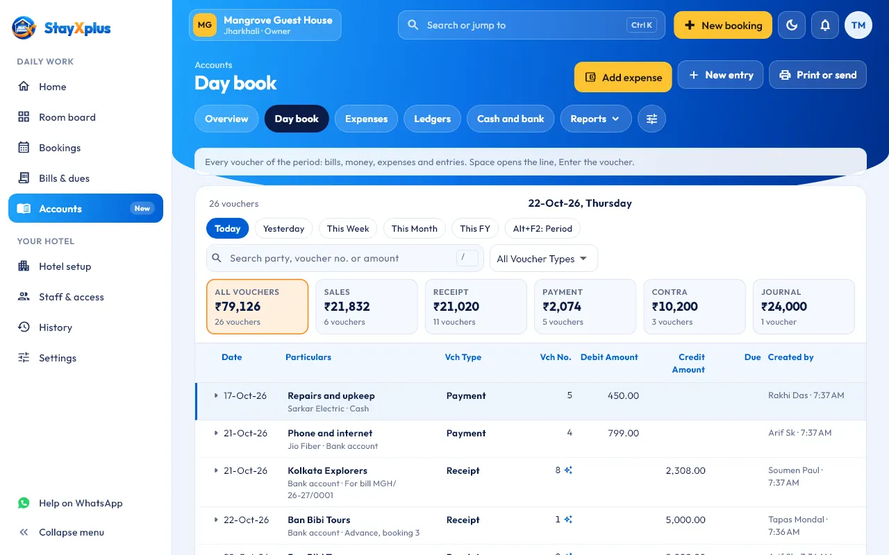 The Day Book: 26 entries with Sales, Receipt and Payment totals, each line with its party and amount