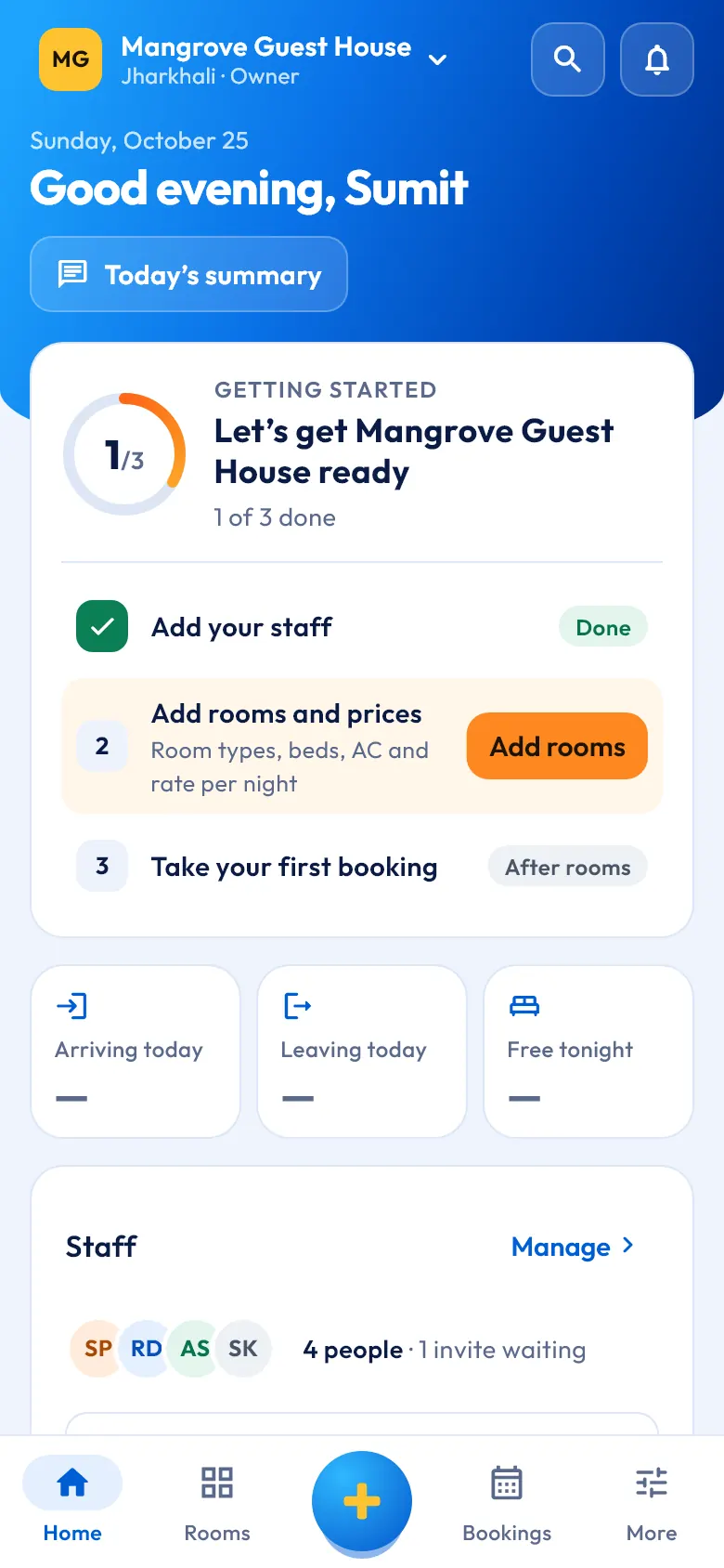 StayXplus on a phone: Home with today’s rooms, arrivals and money