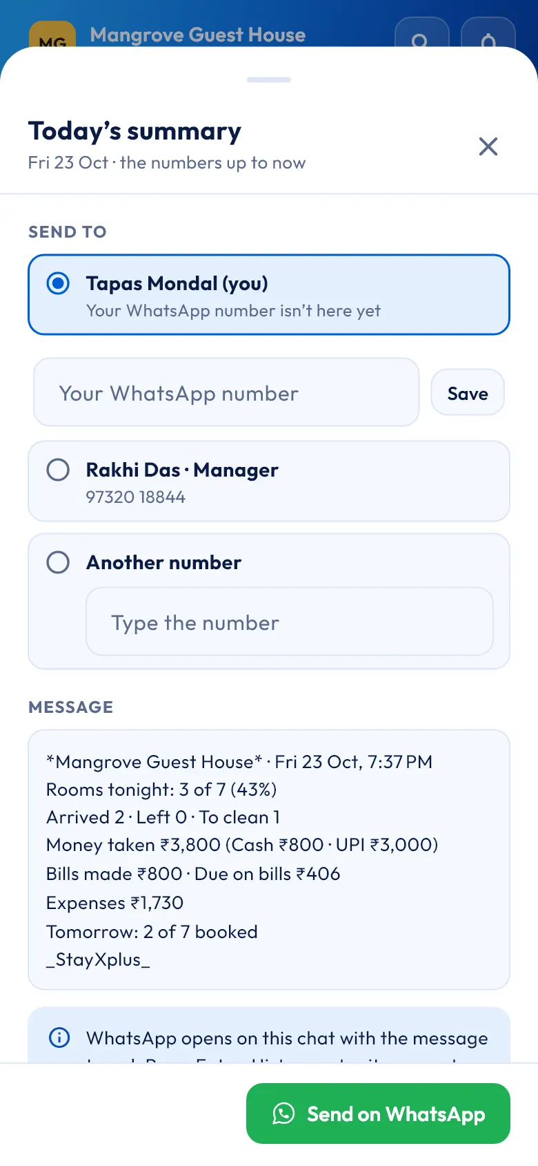 Today's summary on a phone, ready to send on WhatsApp