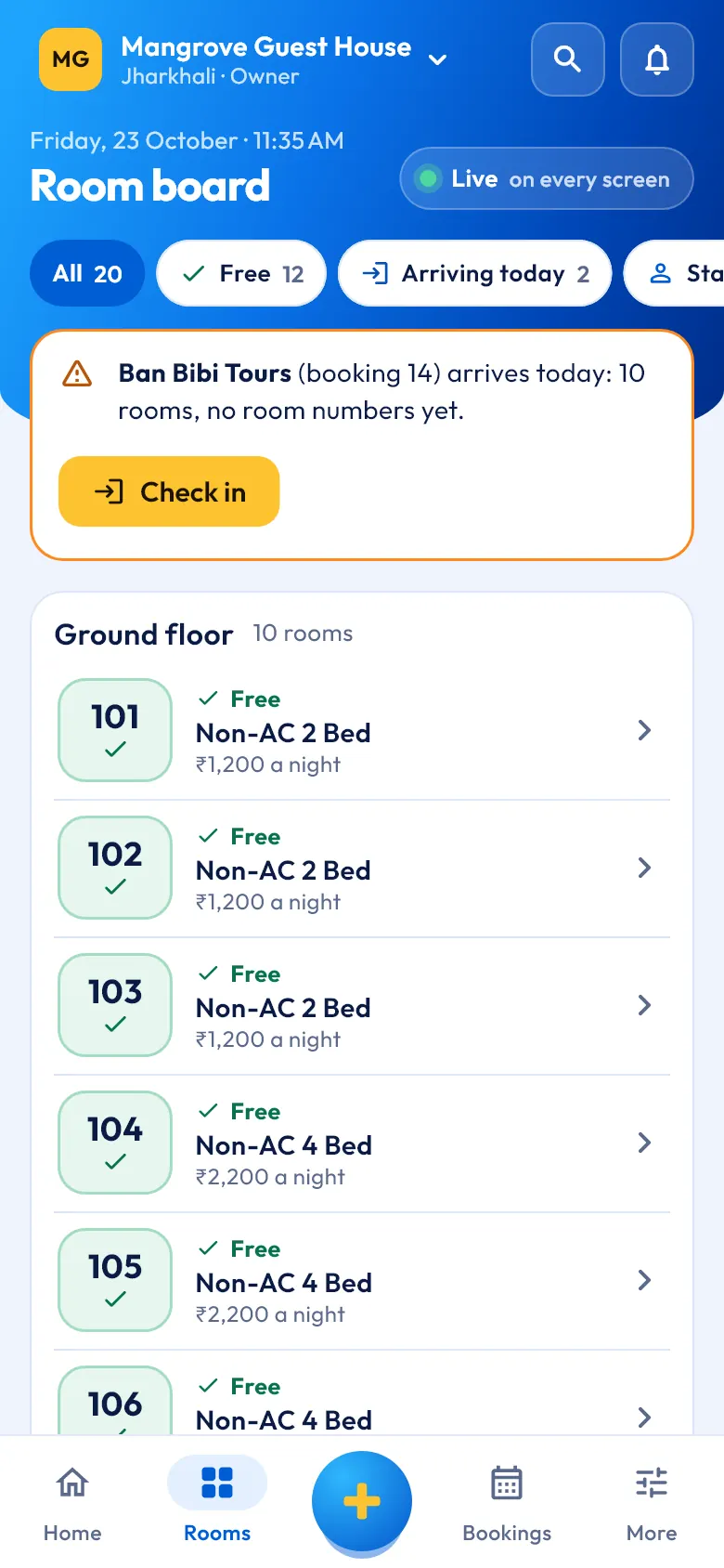 The room board on a phone: each room free, in or to clean, with check-in and check-out